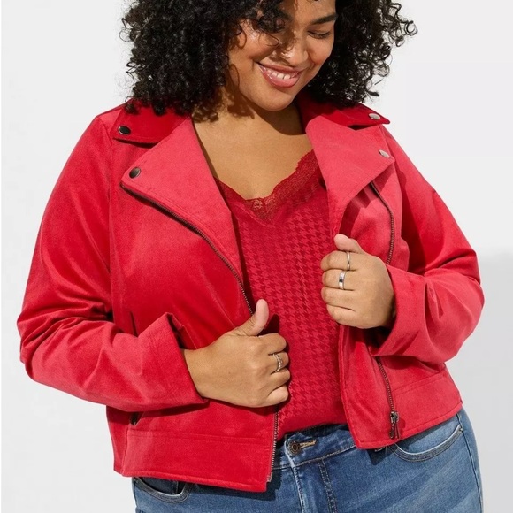 Torrid Red Velveteen Moto Jacket Size 4X Asymmetrical Zip Front - Picture 1 of 9